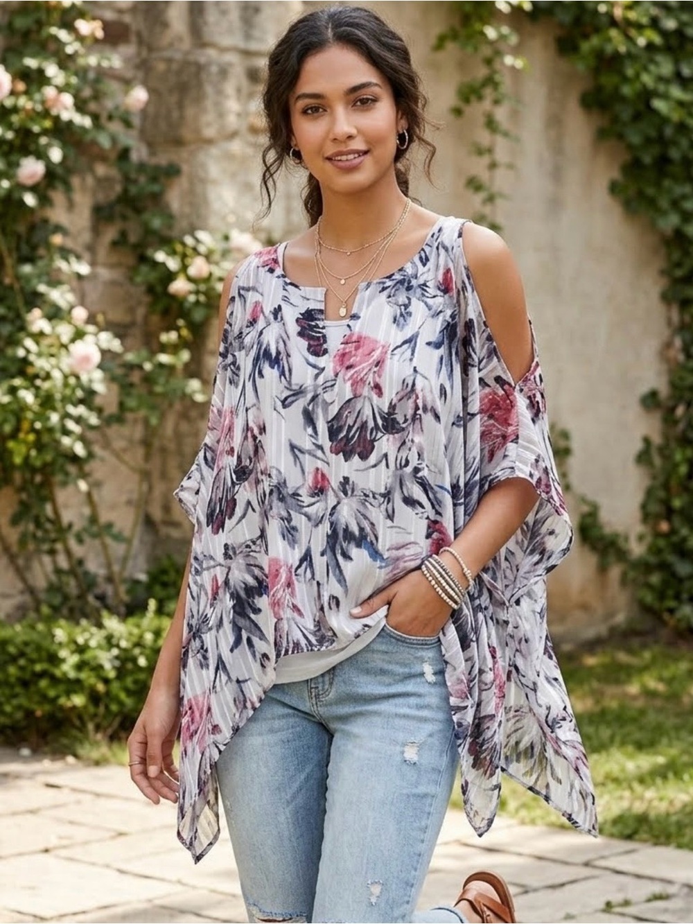 Sheer Watercolor Floral Blouse Split Sleeve Asymmetric Hem Boho Shirt